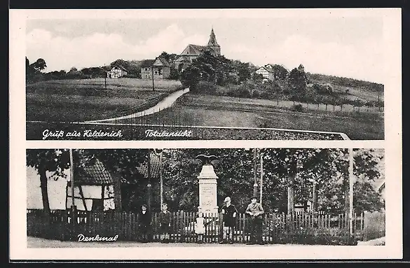 AK Keldenich, Gesamtansicht und Kinder vor dem Denkmal