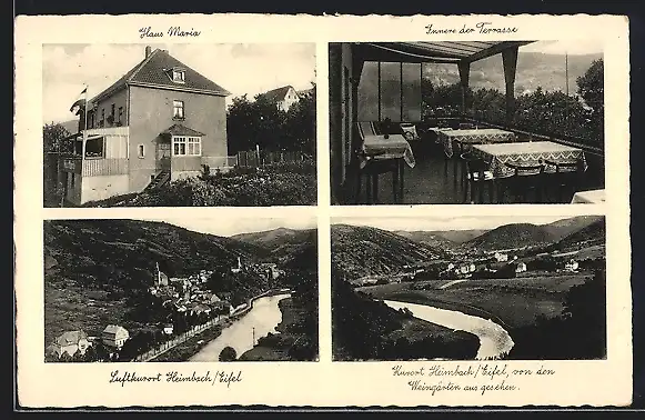 AK Heimbach /Eifel, Haus Maria mit Innenansicht, Ortsansicht am Fluss von den Weinbergen aus gesehen