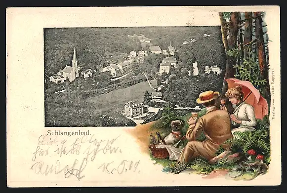 Passepartout-Lithographie Schlangenbad, Gesamtansicht mit Kirche aus der Vogelschau, Ehepaar beim Picknick