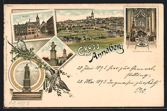 Lithographie Annaberg / Erzg., Markt, Adam Ries-Denkmal, Barbara Uttmann-Denkmal, Inneres der Kirche