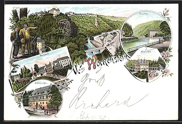 Lithographie Wolkenstein, Gasthof Waldmühle, Gasthaus Hüttenmühle, Warmbad