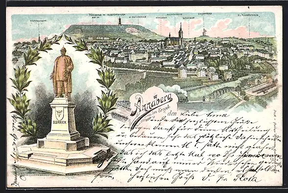 Lithographie Annaberg / Erzg., Bismarck-Denkmal und Gesamtansicht mit Hauptkirche, Galgenberg etc.