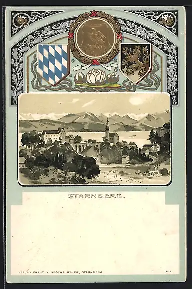 Passepartout-Lithographie Starnberg, Ortsansicht mit Kirche, Stadt- und Landeswappen