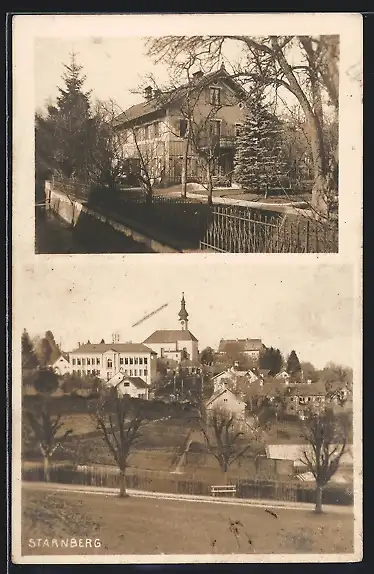 AK Starnberg, Teilansicht mit Kirche, grosses Haus