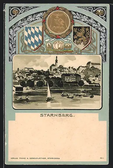 Passepartout-Lithographie Starnberg, Ortsansicht mit Kirche am Wasser, Stadt- und Landeswappen