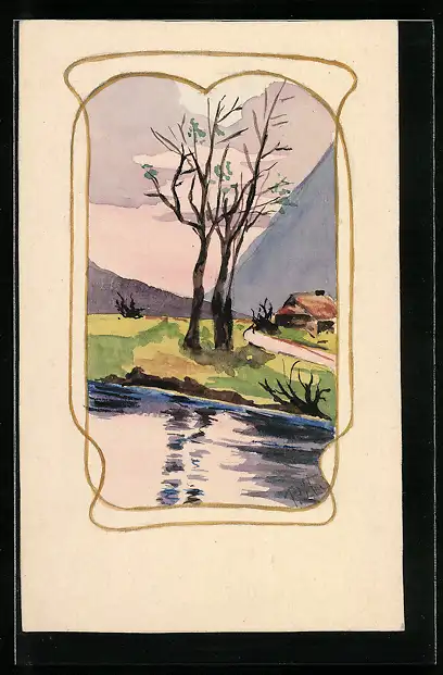 Künstler-AK Handgemalt: Kahle Bäume und ein Haus am Wasser