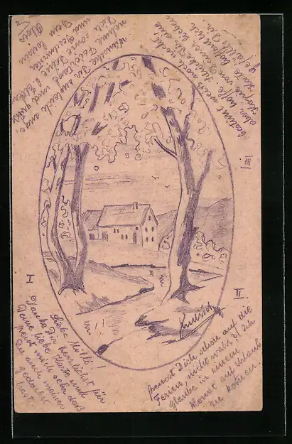 Künstler-AK Handgemalt: Häuser am Wald