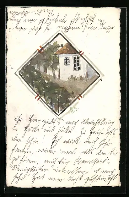 Künstler-AK Handgemalt: Haus mit Weg in den Wald