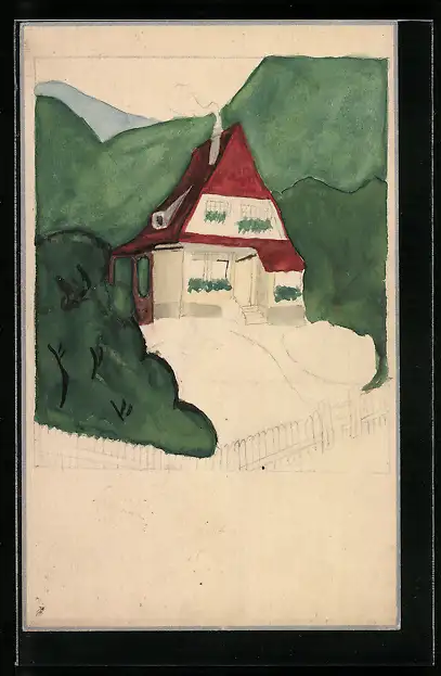 Künstler-AK Handgemalt: Haus mit dampfenden Schornstein im Wald