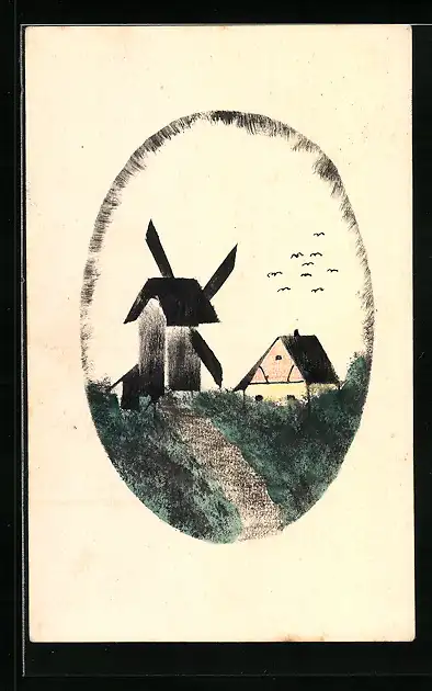 Künstler-AK Handgemalt: Mühle und Bauernhaus