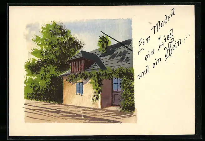 Künstler-AK Handgemalt: Bewachsenes Haus im Sonnenschein