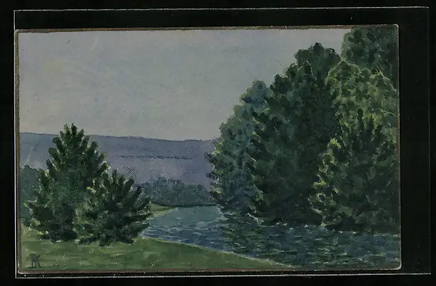 Künstler-AK Handgemalt: Wasserpartie im Wald