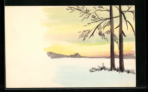 Künstler-AK Handgemalt: Sonnenaufgang in einer Schneelandschaft