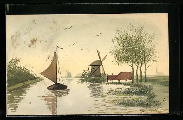 Künstler-AK Handgemalt: Segelschiff und Mühle im Frühling