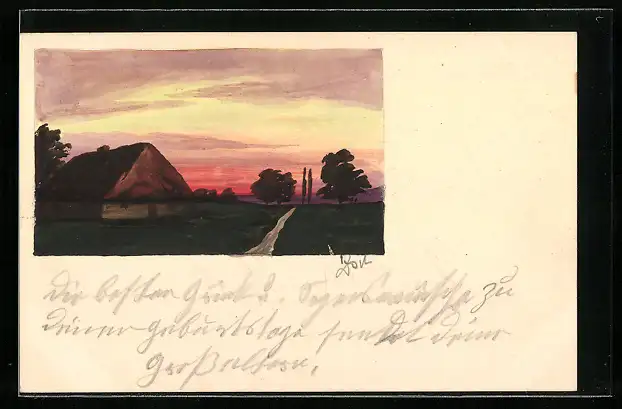 Künstler-AK Handgemalt: Waldhütte bei Sonnenaufgang