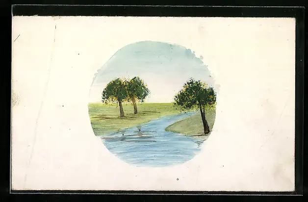 Künstler-AK Handgemalt: Grüne Bäume an einem Fluss