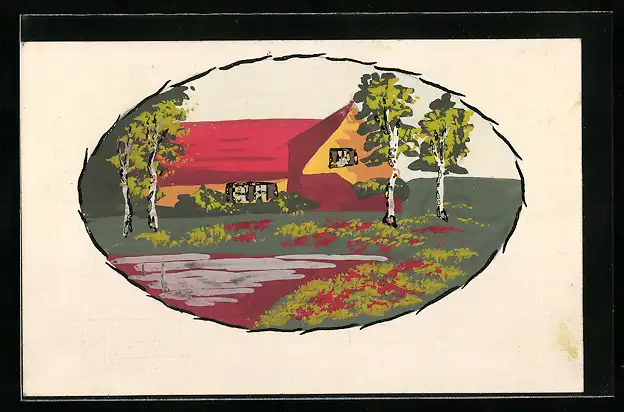 Künstler-AK Handgemalt: Haus zwischen den Birken