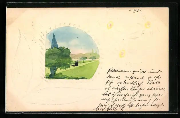 Künstler-AK Handgemalt: Spaziergänger im Grünen