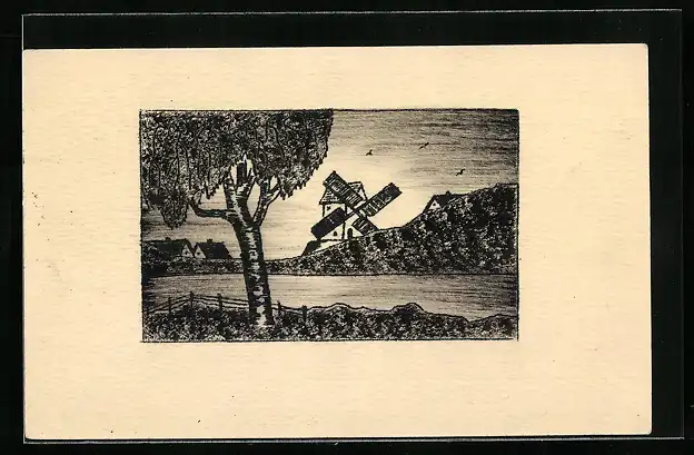 Künstler-AK Handgemalt: Mühle bei Dämmerung am Wasser