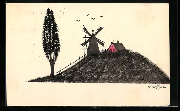 Künstler-AK Handgemalt: Mühle auf der Spitze eines Hügels