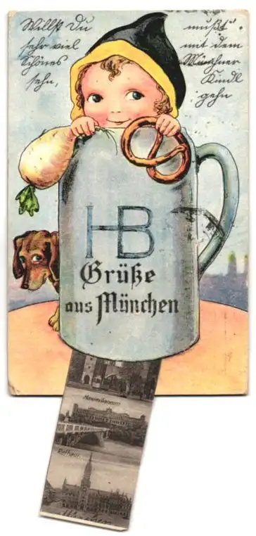 Leporello-AK München, Münchner Kindl und Dackel, Siegestor, Frauentor, Sendlingertor, Rathaus
