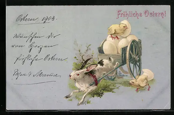 AK Küken mit Eiern in einem Karren der vom Osterhasen gezogen wird
