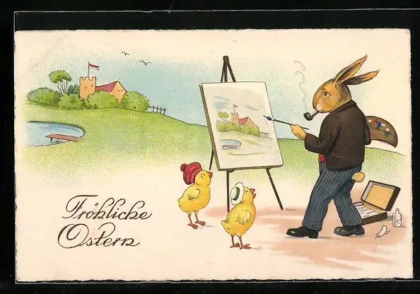 AK Osterhase malt den Osterküken ein Bild