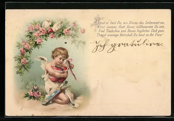 Lithographie Amor bindet zwei Herzen zusammen