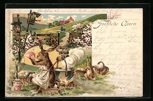 Lithographie Osterhase bei der Ostereier-Herstellung