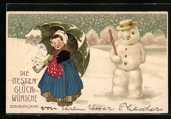 Lithographie A Happy New Year, Mädchen und Schneemann