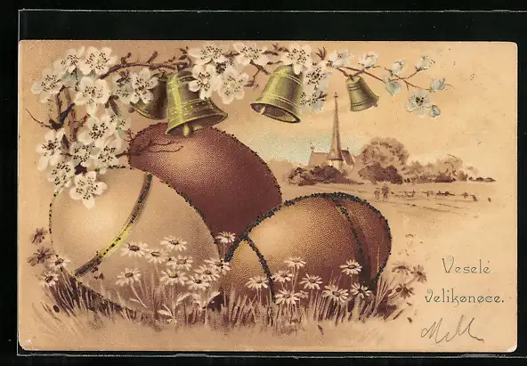 Lithographie Fröhliche Ostern, Ostereier, Glocken