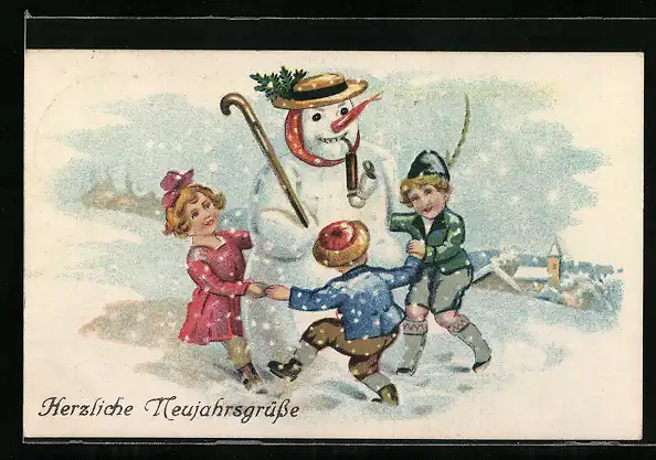 AK Kinder tanzen um einen Schneemann herum