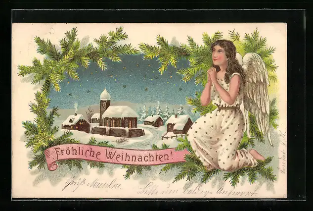 Lithographie Weihnachtsengel betet vor dem Ort