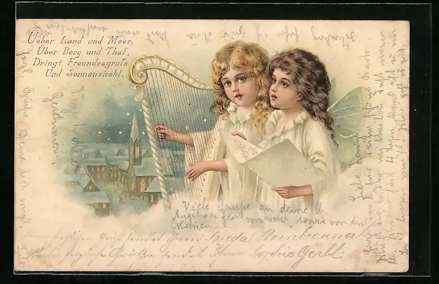 Lithographie Weihnachtsengel mit Harfe und Liedtext