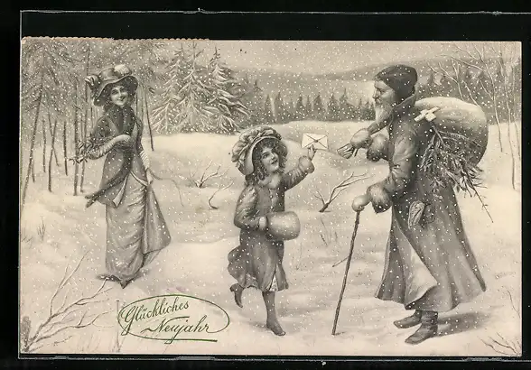 Künstler-AK Weihnachtsmann erhält einen Brief von einem Kind in Winterlandschaft