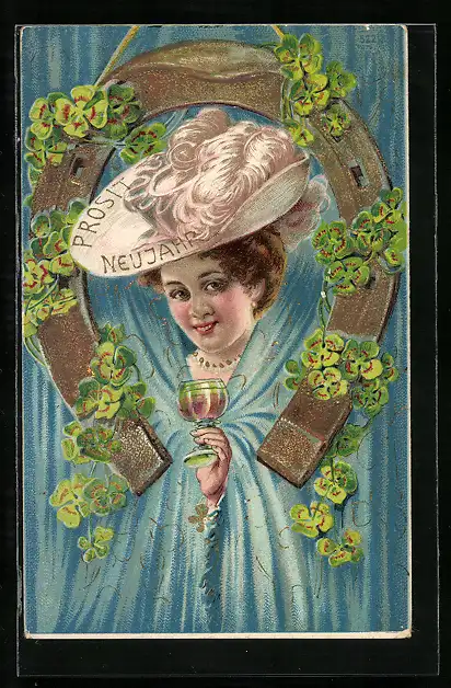 Präge-AK Junge Dame unter einem Hufeisen zu Neujahr