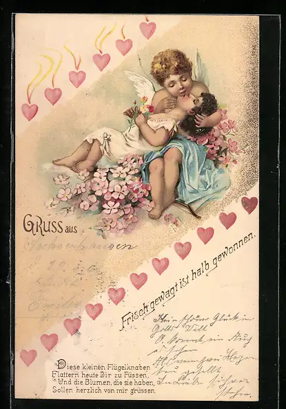 Lithographie Amor küsst seinen Liebsten