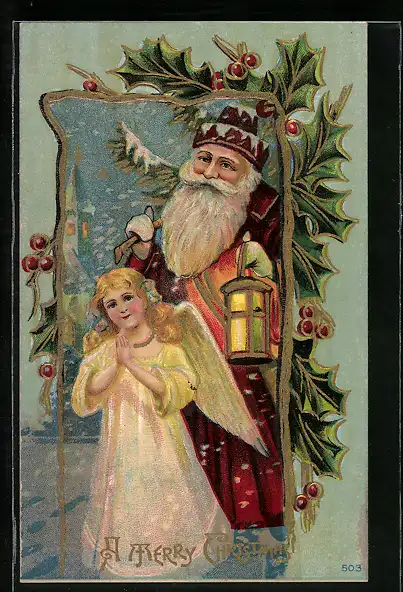 AK A Merry Christmas, Weihnachtsmann mit Engel