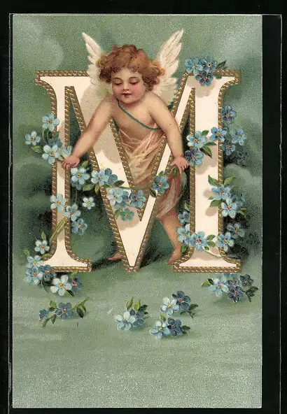 Lithographie Amor schmückt den Buchstaben M mit Vergissmeinnicht