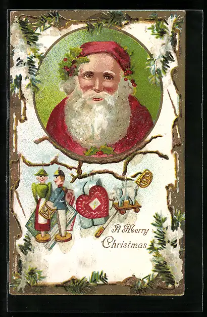 AK Weihnachtsmann über Ast mit hängenden Geschenken