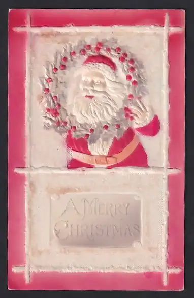 Relief-AK Weihnachtsmann schaut durch einen Stechpalmenkranz