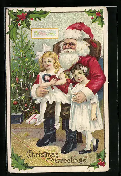 AK Weihnachtsmann, im Sessel mit Kindern auf dem Schoss, Mistelzweige