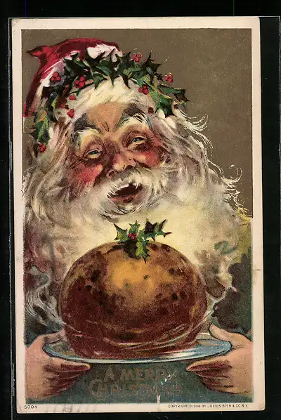 AK A Merry Christmas, Weihnachtsmann hält Mahlzeit in der Hand