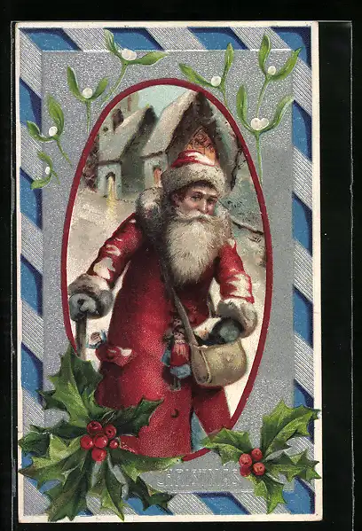Präge-AK Weihnachtsmann mit Puppen im Schnee, Stechpalmen und Misteln