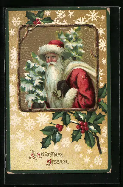 Präge-AK Weihnachtsmann mit verschneitem Tannenbaum und Sack
