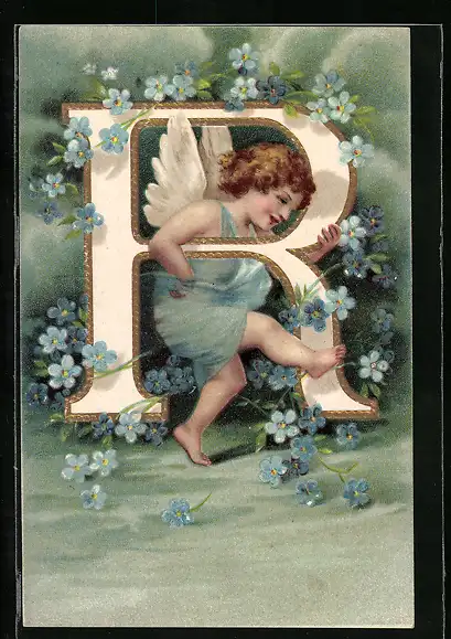 Lithographie Engel trägt den Buchstaben R mit Blumenranken Vergissmeinnicht
