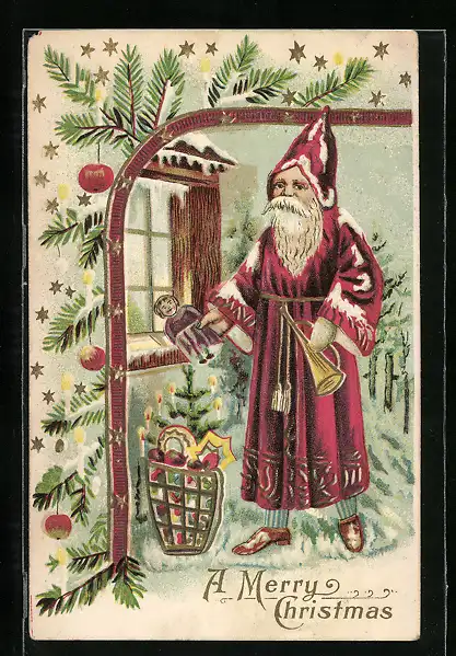 Präge-AK Weihnachtsmann mit Puppen und Trompete vor einem Haus