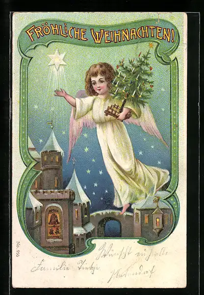 AK Fröhliche Weihnachten, Weihnachtsengel mit Tannenbaum über einem Ort