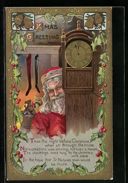 Präge-AK Weihnachtsmann versteckt sich hinter einer Uhr