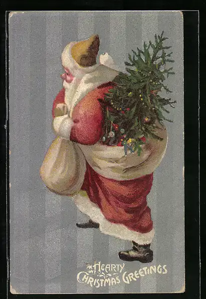 Lithographie a Merry Christmas, Weihnachtsmann mit Sack und Tannenbaum